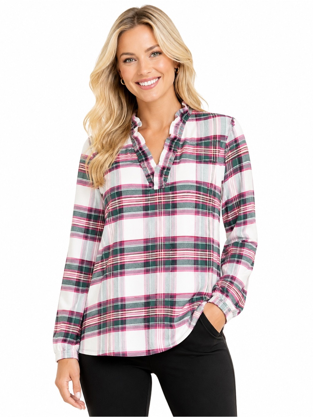 Crown & Ivy Size Large Ruffle VNeck Pink Plaid Women's Holiday Christmas Top
